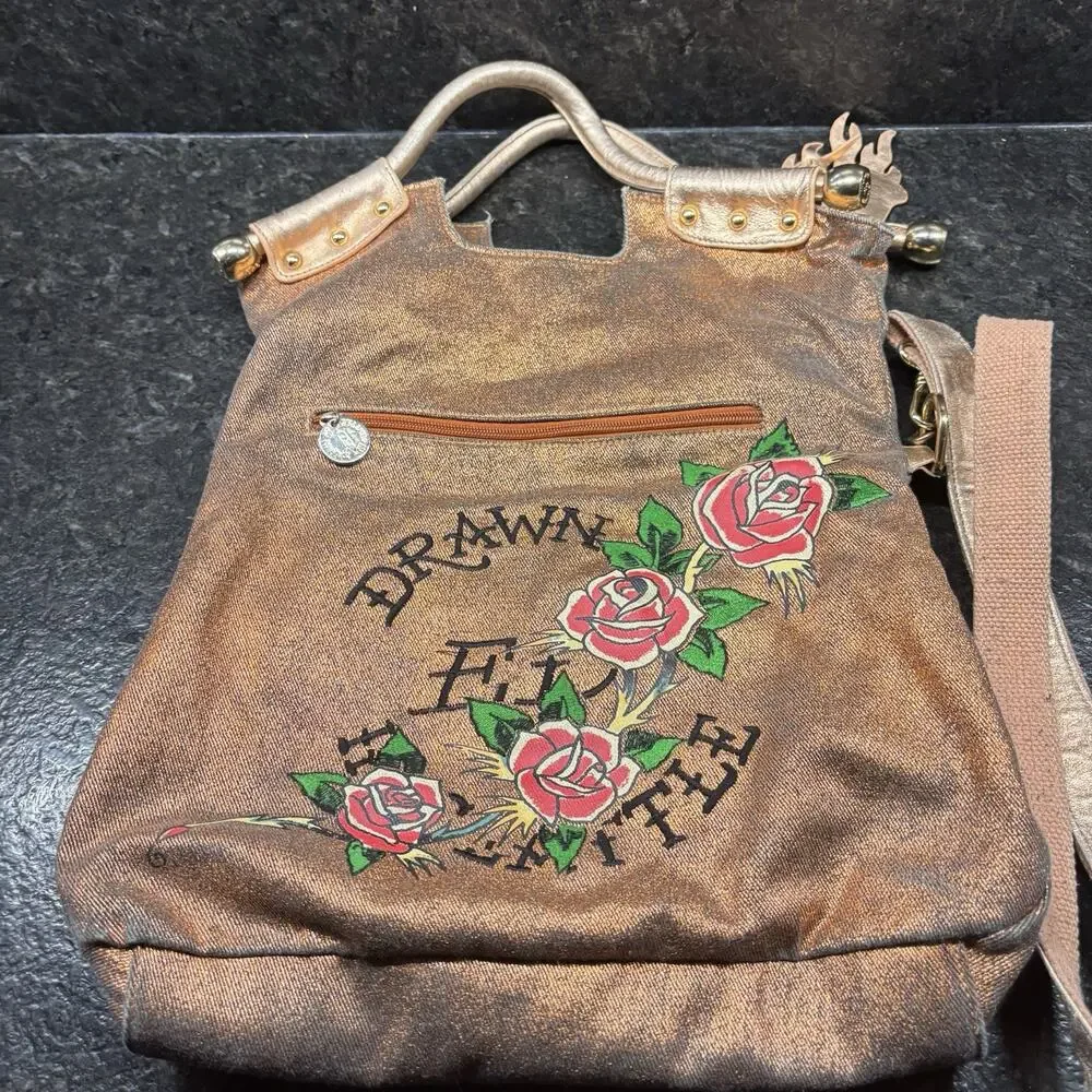 Vintage Y2K Ed Hardy Loves Kills Slowly Skull Roses Large Boho Purse Bag Bronze - Picture 6 of 9